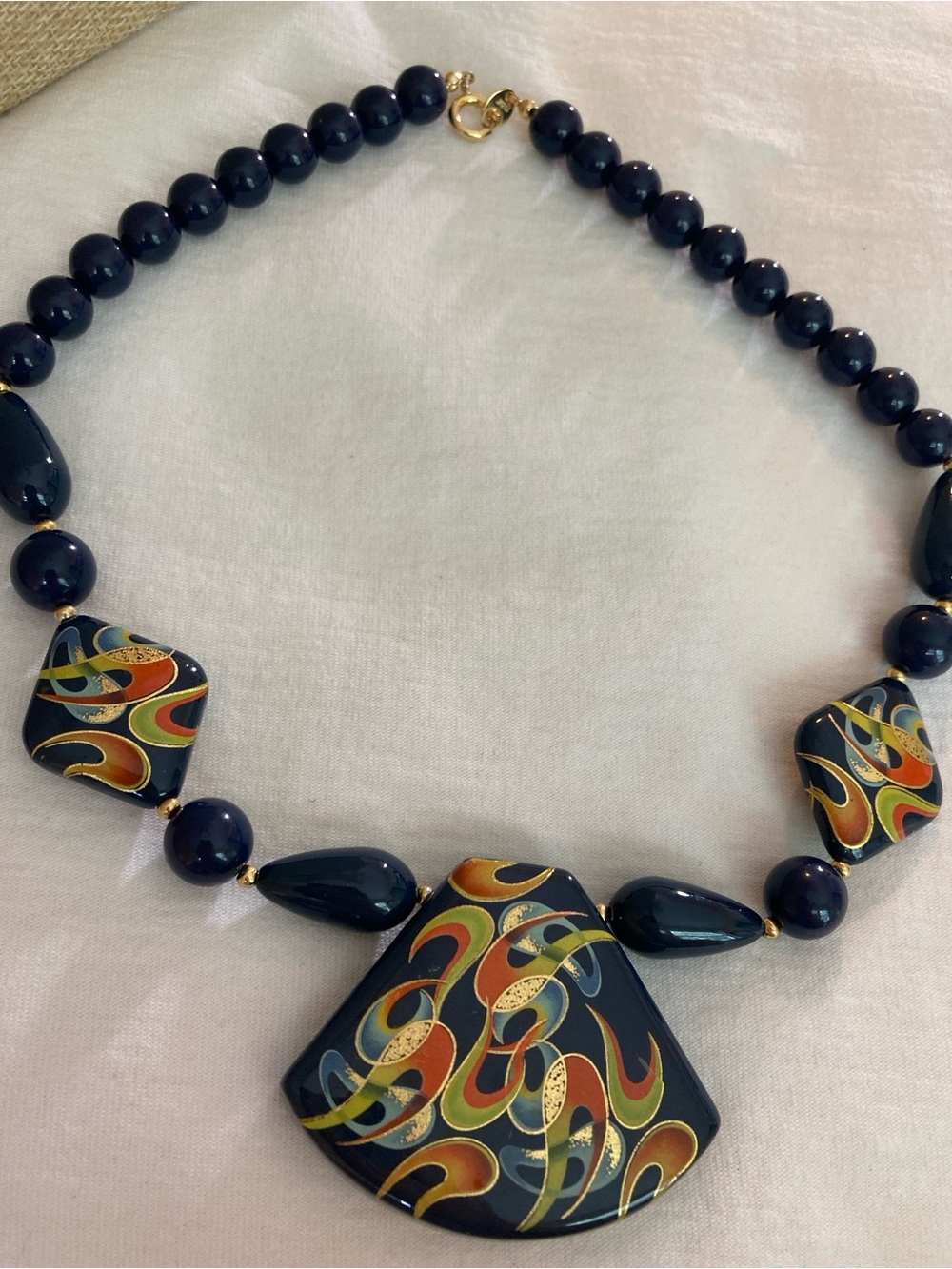 Japan Signed Vintage Navy Blue Lucite Beaded Necklace